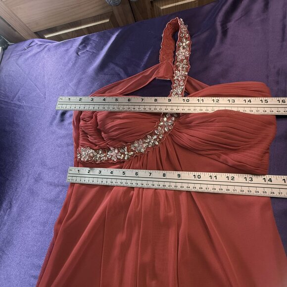 📌 One-Shoulder Draped Chiffon Beaded Plated Bodice Gown Deep Back Neckline - Picture 12 of 16